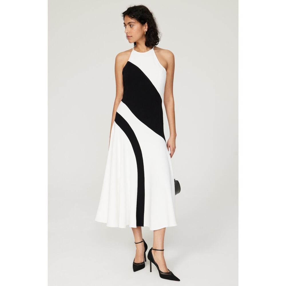 Saunders Halter Retro Midi Dress White Black Colorblock Sleeveless Sz 8